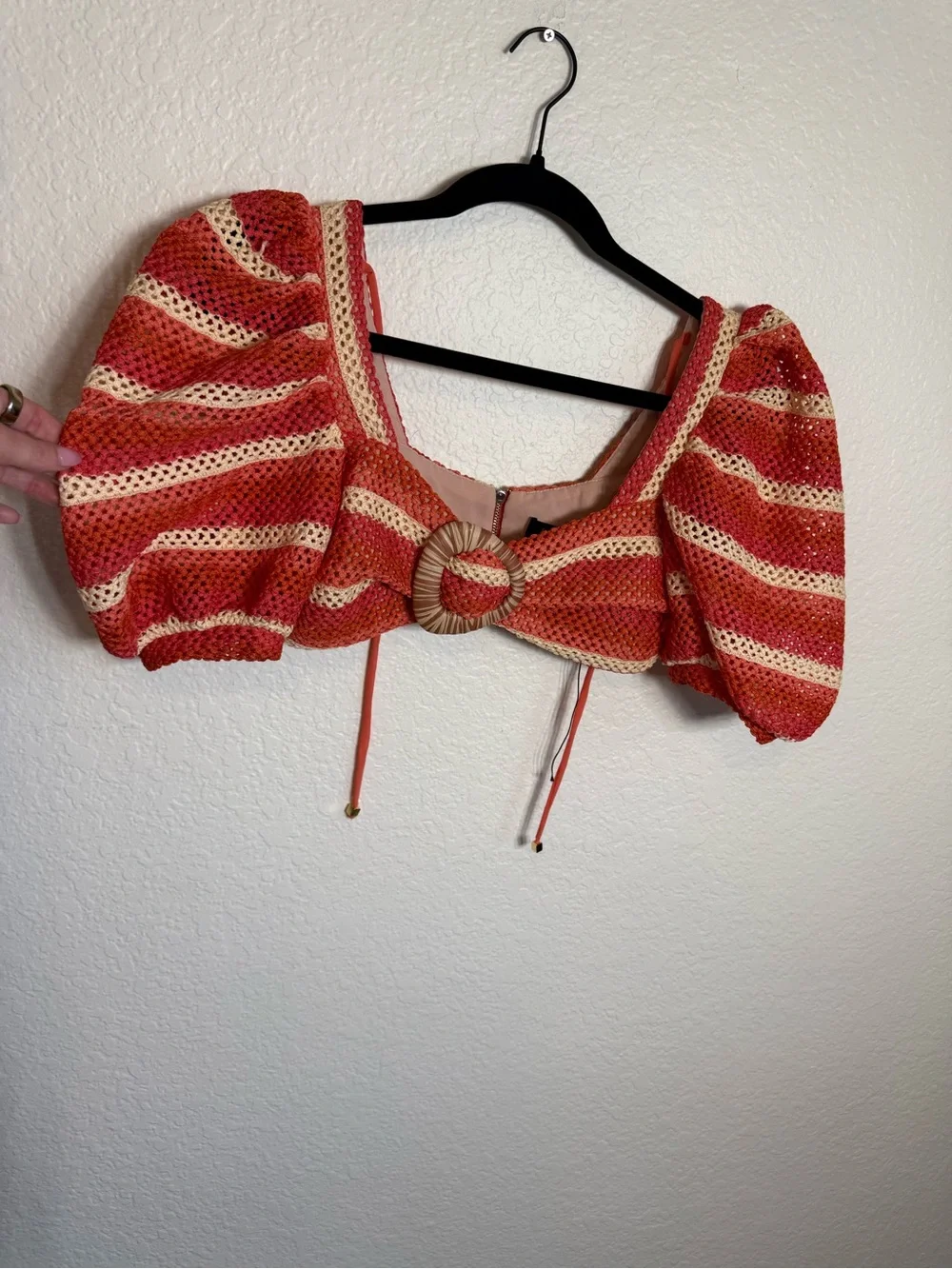 PatBO Orange and Cream Crochet Puff-Sleeve Crop Top & Ruffle Shorts Set - Picture 11 of 16